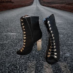 CHARLOTTE RUSSE Black Open Toe Lace Up Boots Chunky Clear Lucite Heel Side Zips